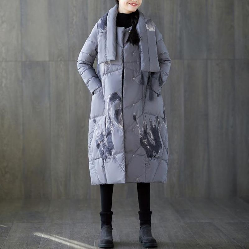 Nouveau Manteau D'hiver Imprimé Gris Surdimensionné Gland Nouvelles Poches