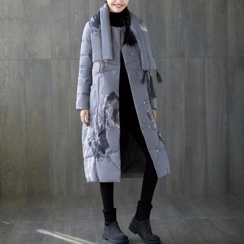 Nouveau Manteau D'hiver Imprimé Gris Surdimensionné Gland Nouvelles Poches - Doudounes femmes