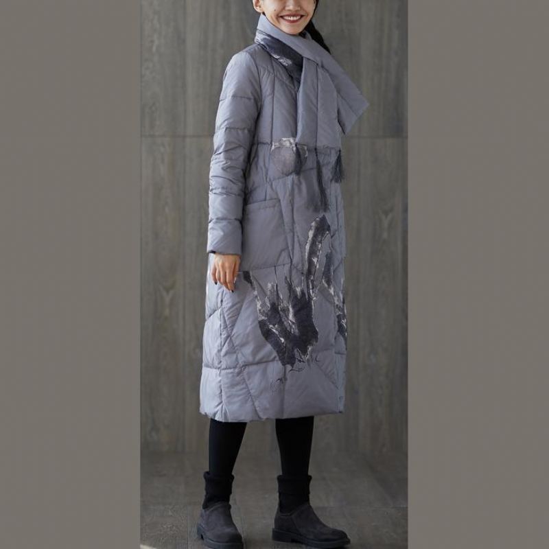 Nouveau Manteau D'hiver Imprimé Gris Surdimensionné Gland Nouvelles Poches - Doudounes femmes