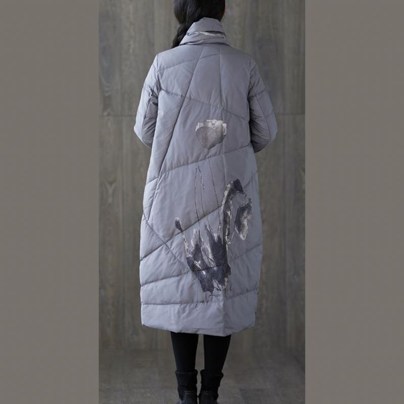 Nouveau Manteau D'hiver Imprimé Gris Surdimensionné Gland Nouvelles Poches - Doudounes femmes