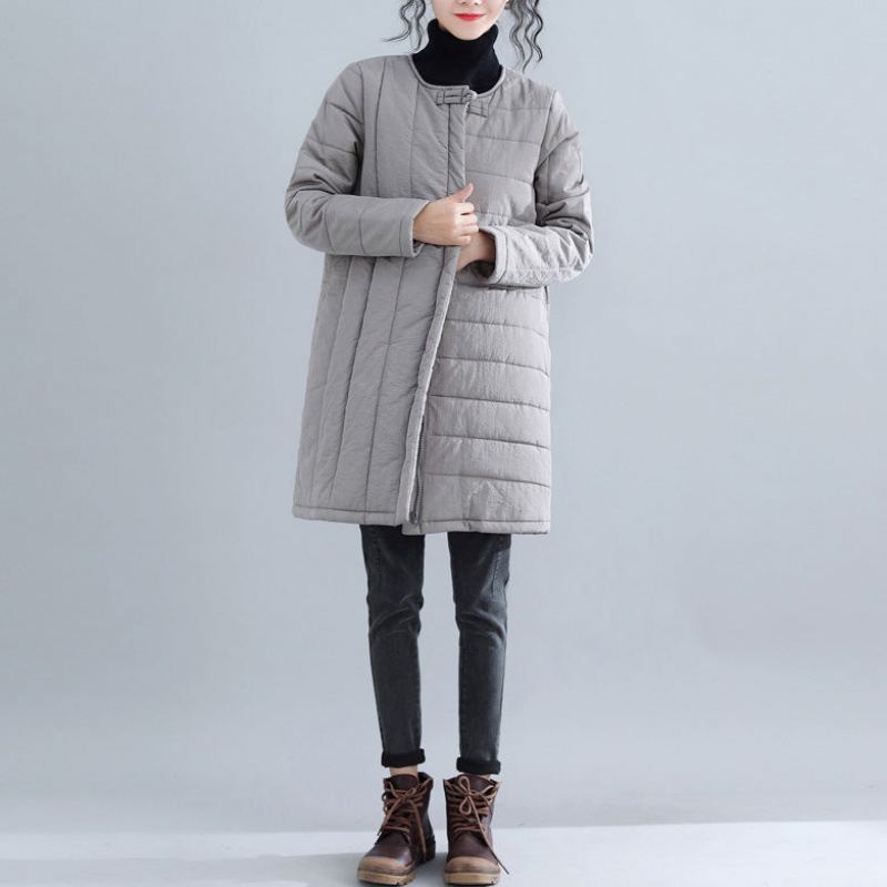 Nouveau Parkas Gris Coupe Ample Col Rond Vestes De Neige Élégant Bouton Chinois Vêtements D'extérieur D'hiver - Doudounes femmes