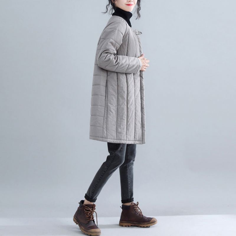 Nouveau Parkas Gris Coupe Ample Col Rond Vestes De Neige Élégant Bouton Chinois Vêtements D'extérieur D'hiver - Doudounes femmes