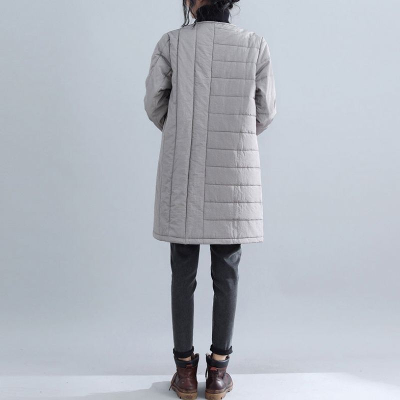 Nouveau Parkas Gris Coupe Ample Col Rond Vestes De Neige Élégant Bouton Chinois Vêtements D'extérieur D'hiver - Doudounes femmes