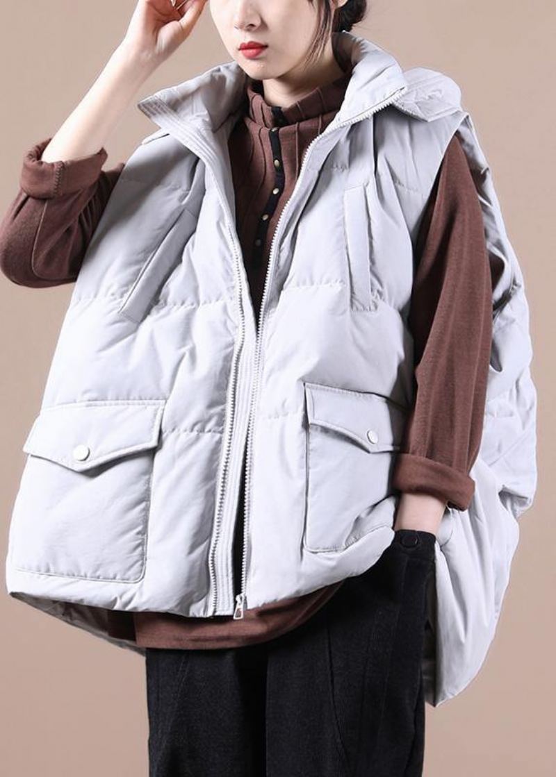 Nouveau Vestes De Neige Grande Taille Gris Clair Col Montant Poches Duvet De Canard Gilet