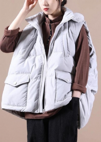 Nouveau Vestes De Neige Grande Taille Gris Clair Col Montant Poches Duvet De Canard Gilet