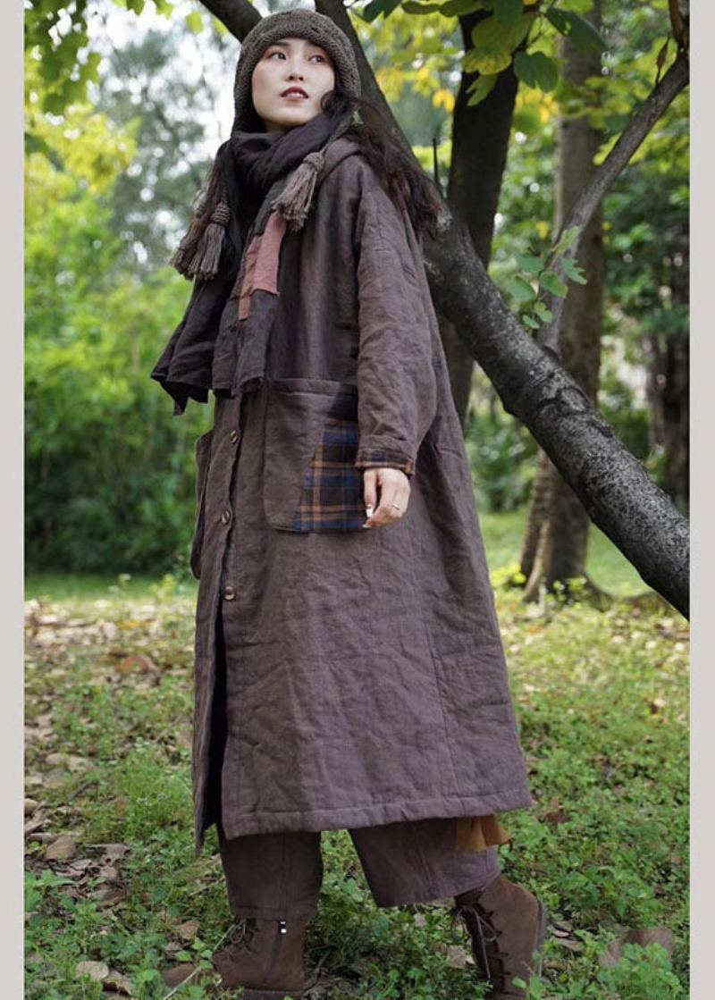 Nouveau Vêtements À Capuche À Carreaux Chocolat Des Deux Côtés Poches Hiver Coton Femmes Manteau