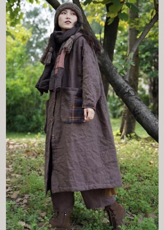 Nouveau Vêtements À Capuche À Carreaux Chocolat Des Deux Côtés Poches Hiver Coton Femmes Manteau