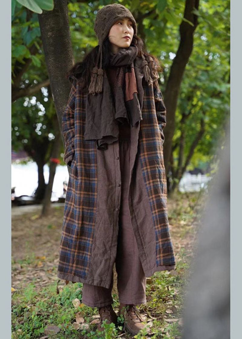 Nouveau Vêtements À Capuche À Carreaux Chocolat Des Deux Côtés Poches Hiver Coton Femmes Manteau - Doudounes femmes