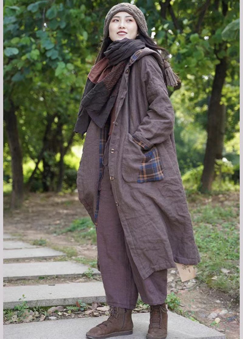 Nouveau Vêtements À Capuche À Carreaux Chocolat Des Deux Côtés Poches Hiver Coton Femmes Manteau - Doudounes femmes