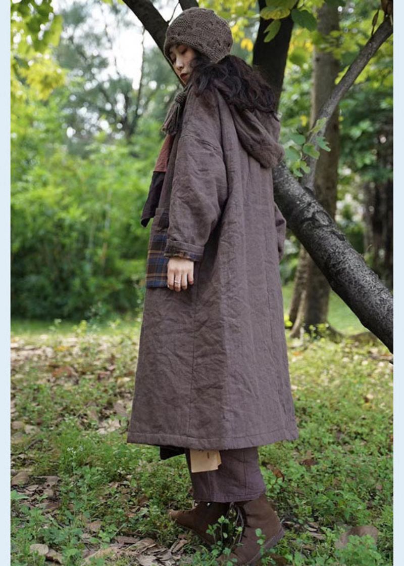 Nouveau Vêtements À Capuche À Carreaux Chocolat Des Deux Côtés Poches Hiver Coton Femmes Manteau - Doudounes femmes