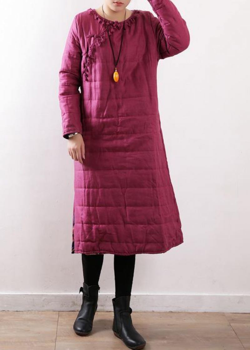 Nouveau Vêtements Grande Taille Veste D'hiver Bouton Chinois Manteaux Rose Côté Ouvert Tenue Décontractée - Doudounes femmes