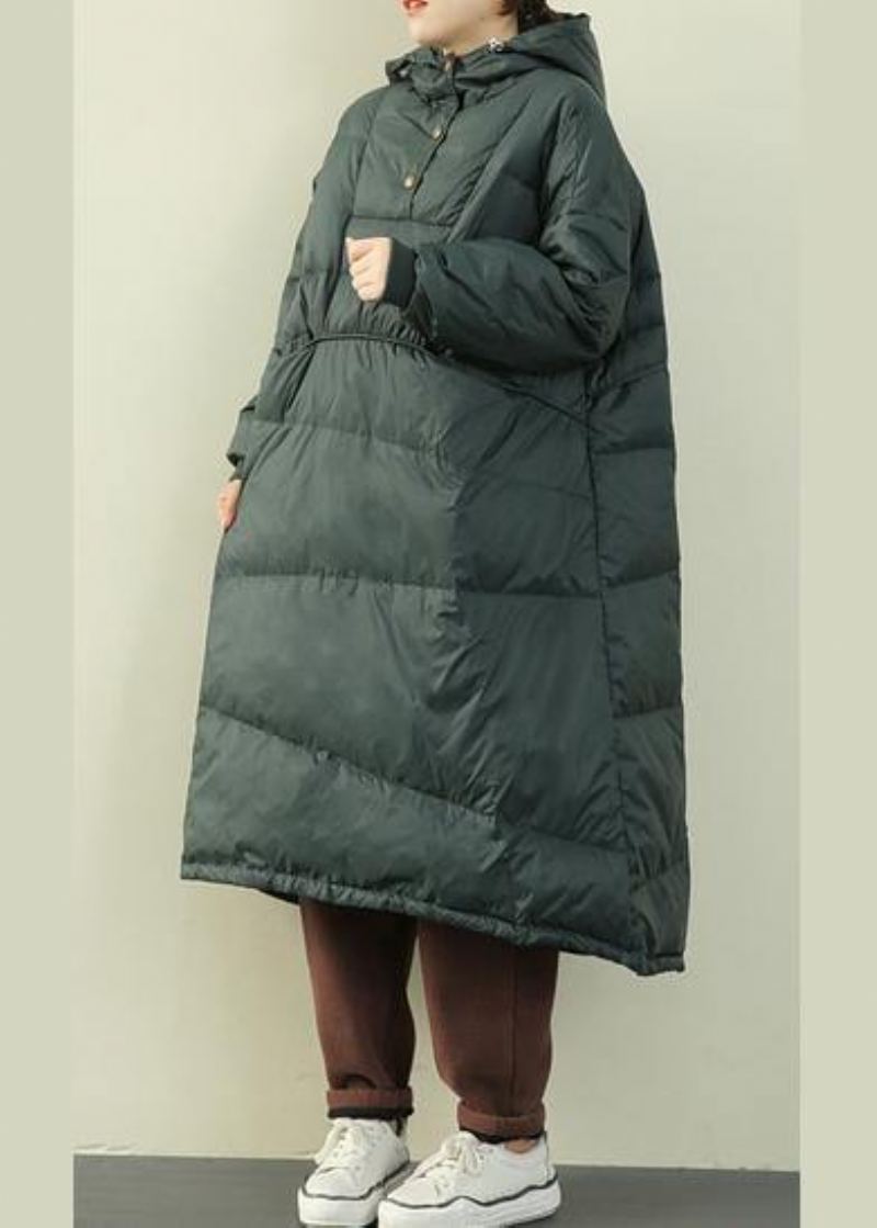 Nouveau Vêtements Grande Taille Vestes Bouffantes Vert À Capuche Boutonné Manteau En Duvet D'oie - Noir