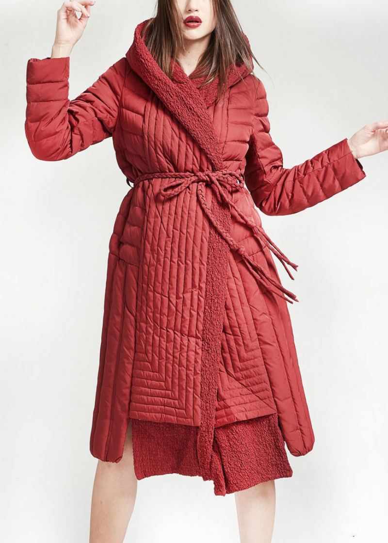 Nouveau Vin Rouge À Capuche Cravate Taille Patchwork Duvet De Canard Manteau Hiver - Doudounes femmes