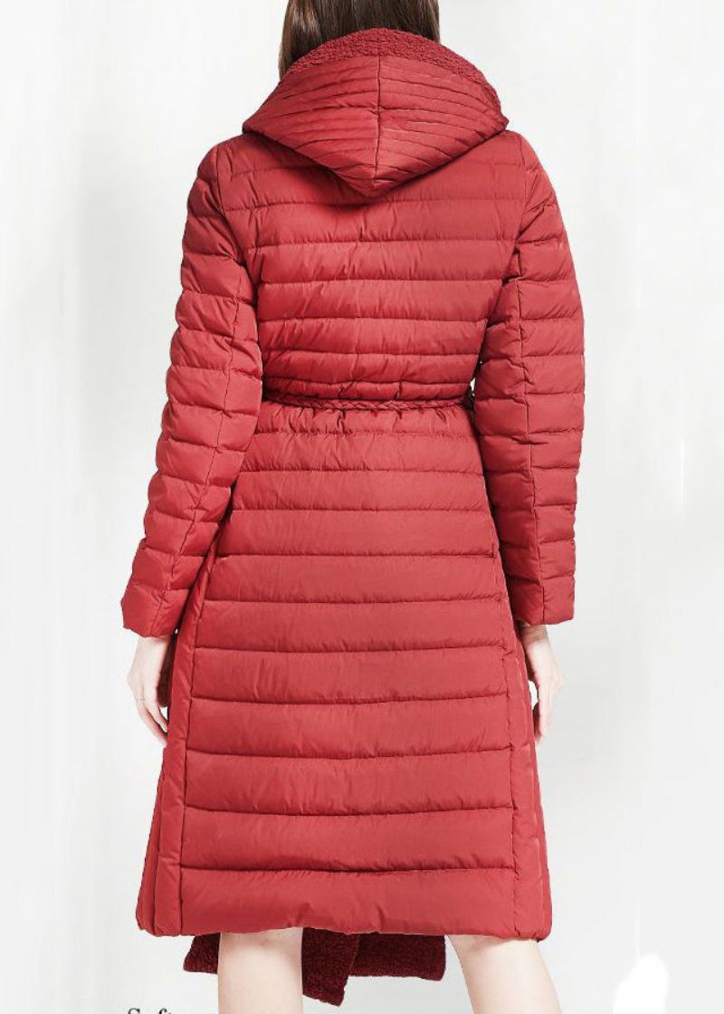 Nouveau Vin Rouge À Capuche Cravate Taille Patchwork Duvet De Canard Manteau Hiver - Doudounes femmes