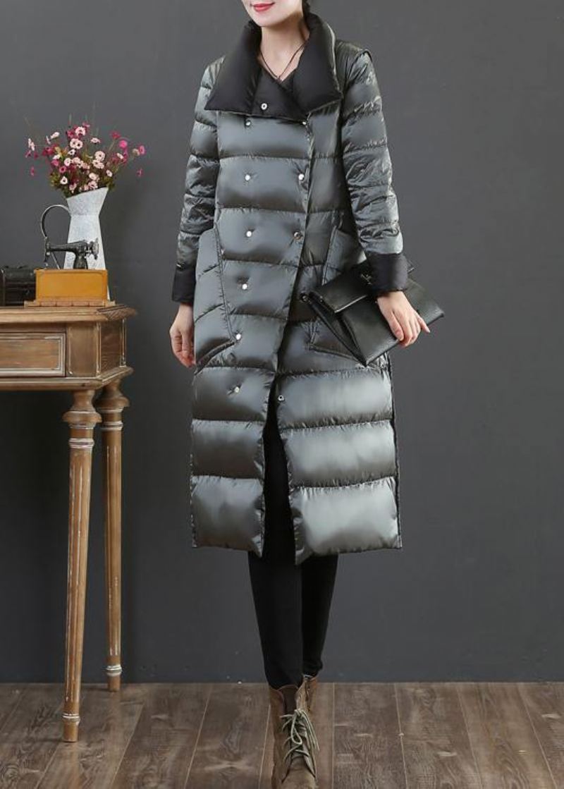 Nouveaux Vêtements Hiver Veste Manteaux Argent Gris Col Montant Poches Doudoune Femme - Vert Noirâtre