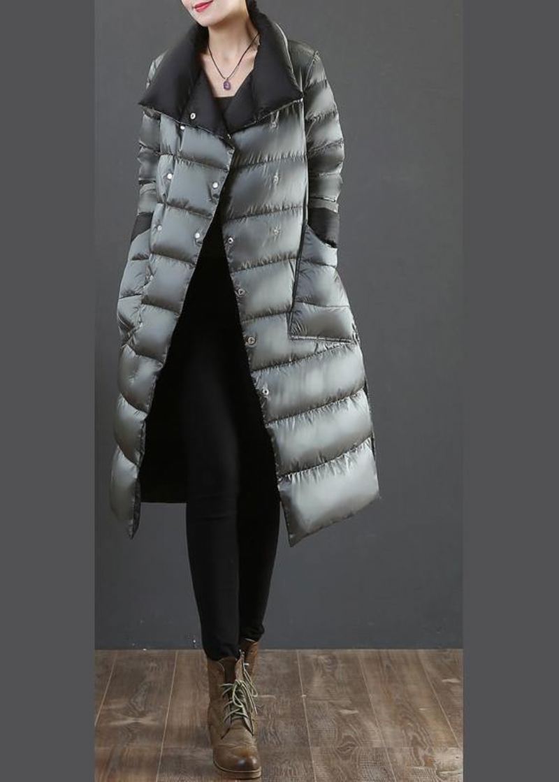 Nouveaux Vêtements Hiver Veste Manteaux Argent Gris Col Montant Poches Doudoune Femme - Vert Noirâtre