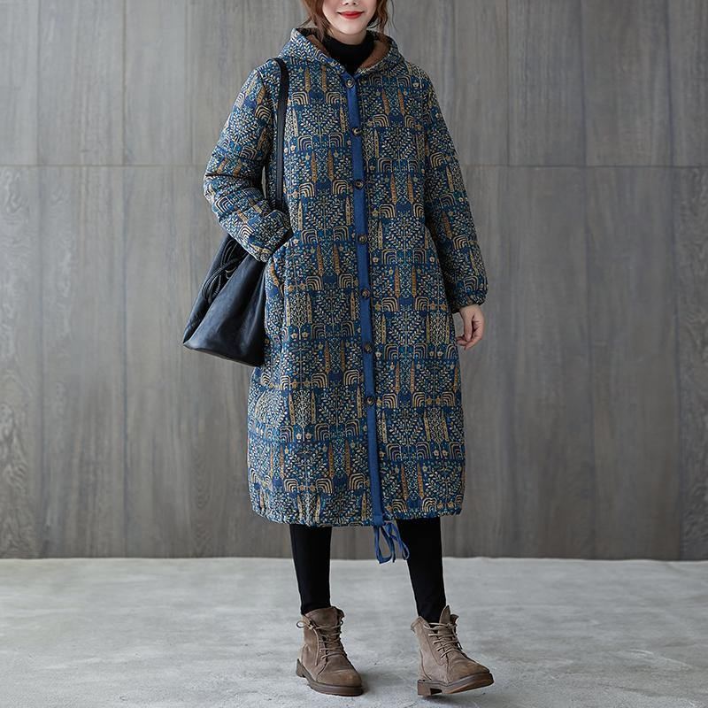 Nouvelle Veste D'hiver Décontractée Vêtements Bleu Imprimé À Capuche Cordon Manteau - Bleu