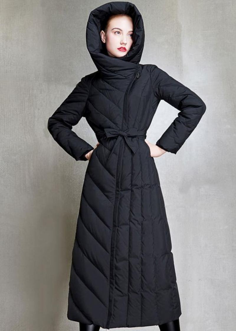 Parka Ample À Capuche Pour Femme Vêtements D'extérieur Noir Cravate À La Taille Manteau D'hiver - Doudounes femmes