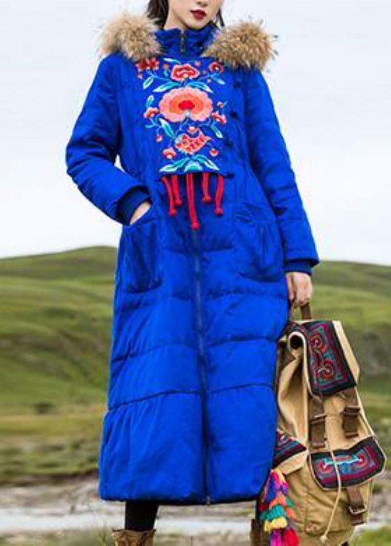 Parka Brodée Pour Femme Grande Taille Pardessus Bleu À Capuche En Duvet D'oie