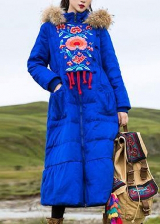 Parka Brodée Pour Femme Grande Taille Pardessus Bleu À Capuche En Duvet D'oie