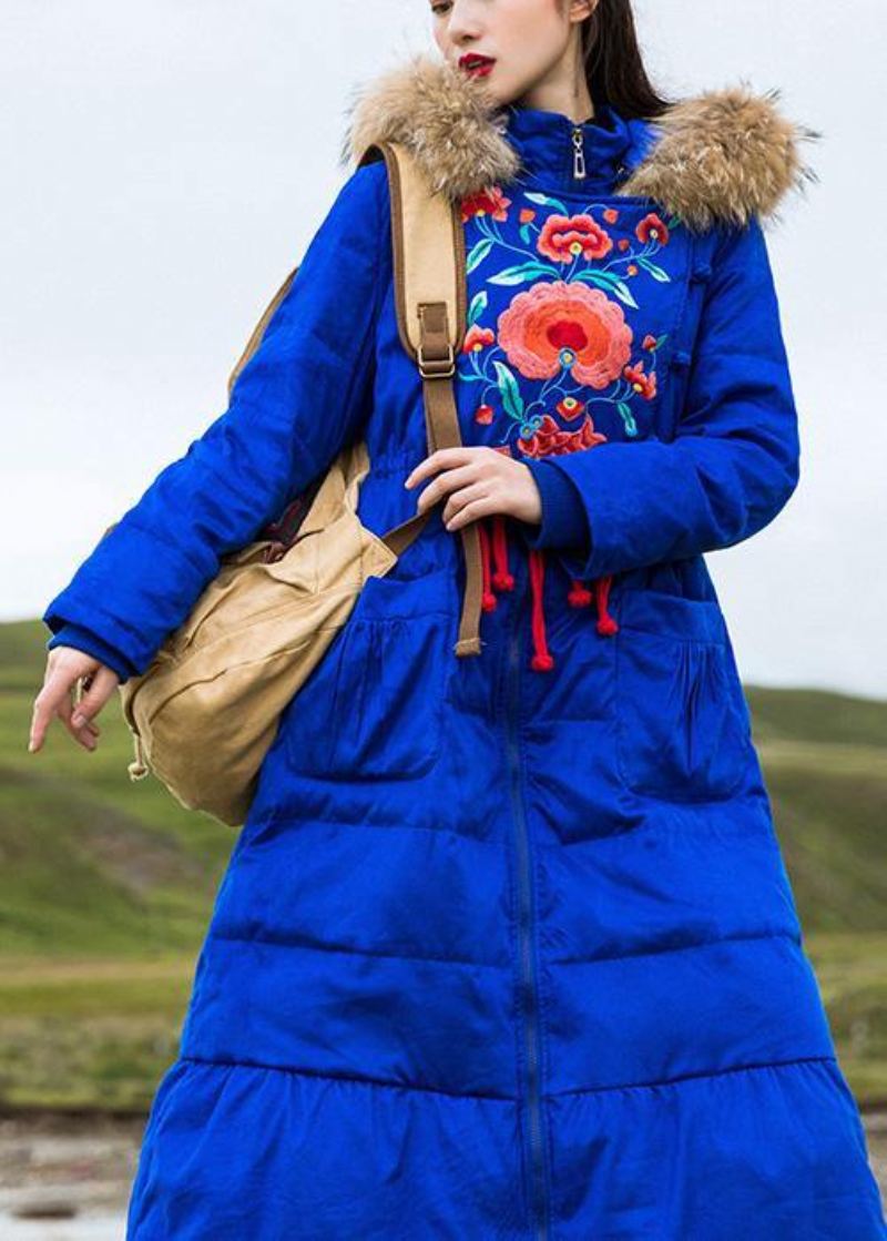 Parka Brodée Pour Femme Grande Taille Pardessus Bleu À Capuche En Duvet D'oie - Doudounes femmes