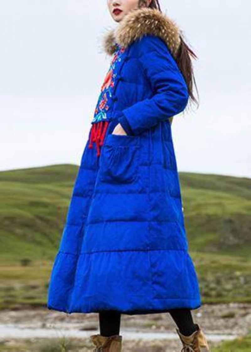 Parka Brodée Pour Femme Grande Taille Pardessus Bleu À Capuche En Duvet D'oie - Doudounes femmes