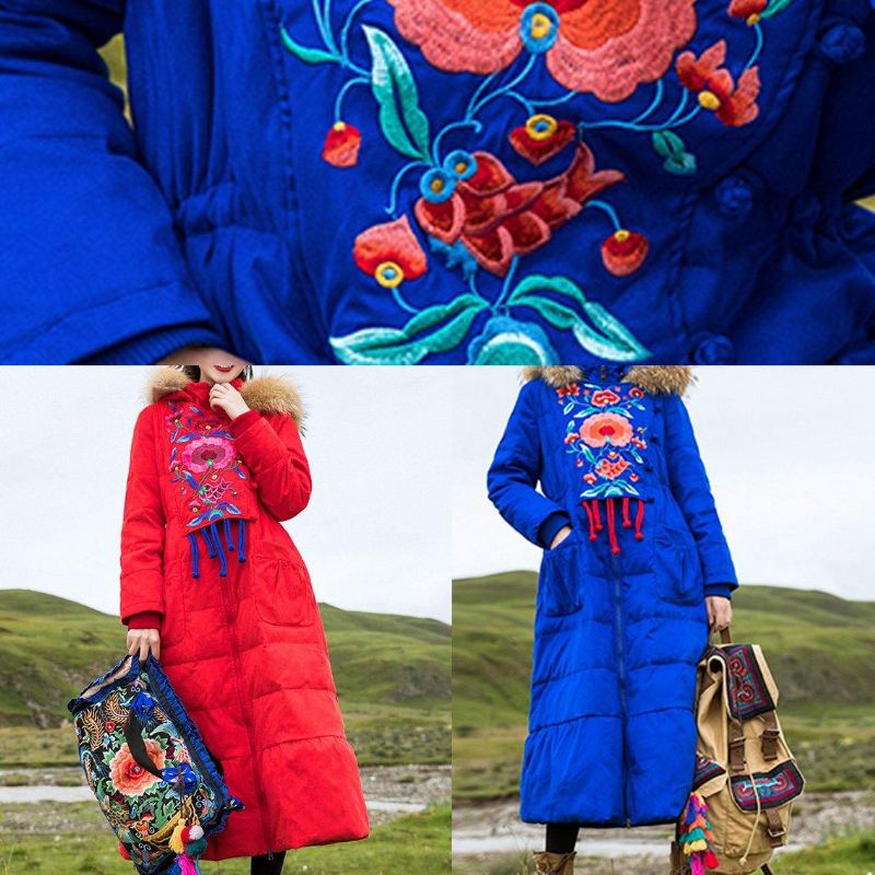 Parka Brodée Pour Femme Grande Taille Pardessus Bleu À Capuche En Duvet D'oie - Doudounes femmes