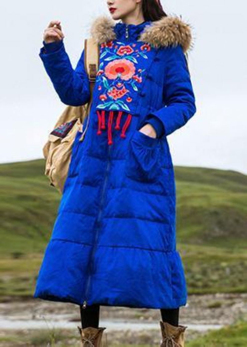 Parka Brodée Pour Femme Grande Taille Pardessus Bleu À Capuche En Duvet D'oie - Doudounes femmes