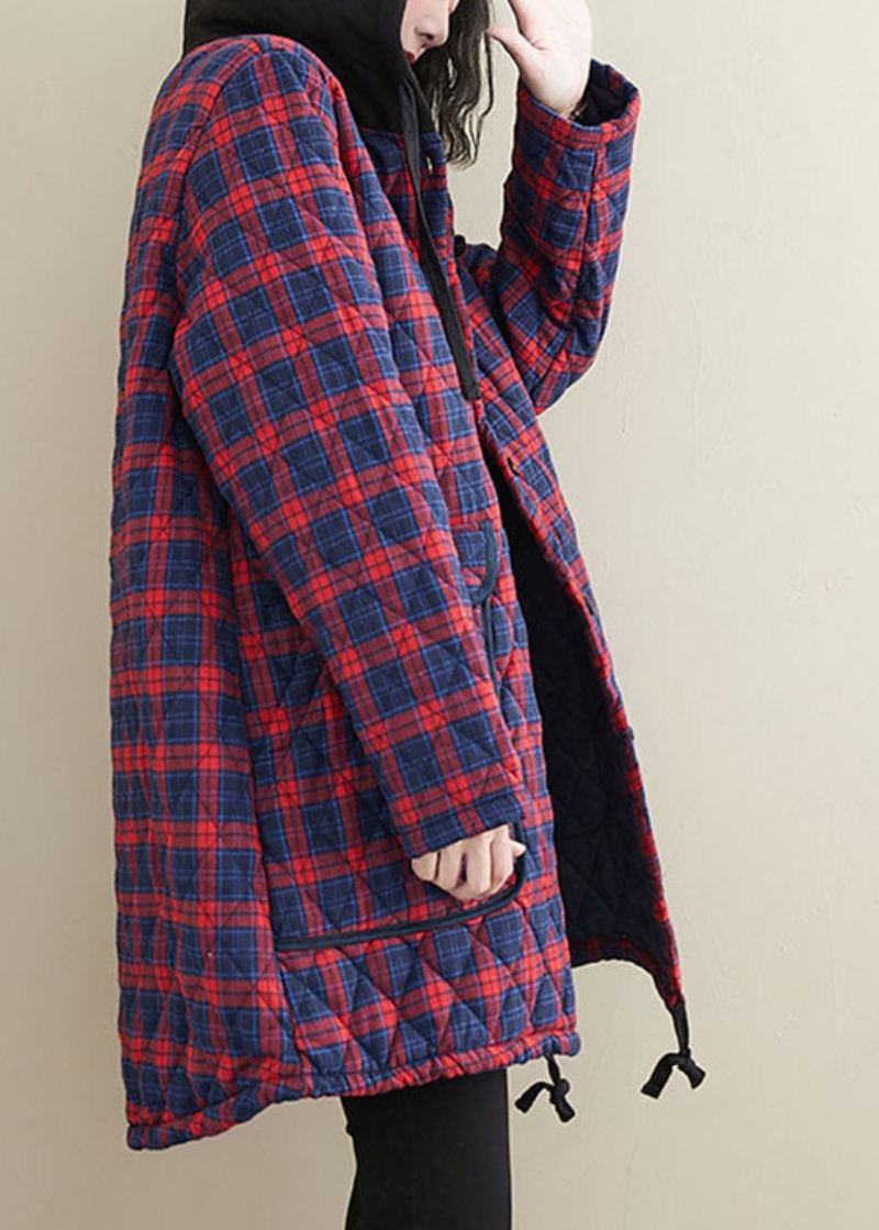 Parka À Capuche Avec Bouton À Carreaux Rouge Fait À La Main Design Bas Et Haut Taille Nouée Hiver - Plaid Rouge