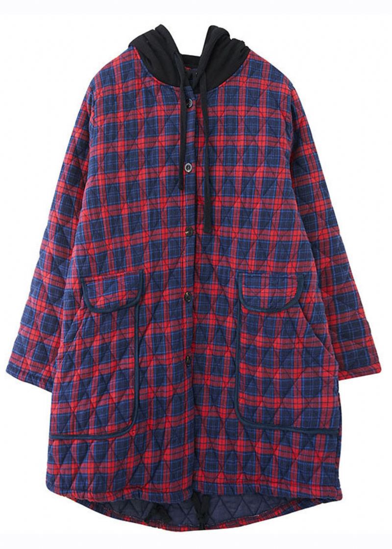 Parka À Capuche Avec Bouton À Carreaux Rouge Fait À La Main Design Bas Et Haut Taille Nouée Hiver - Plaid Rouge