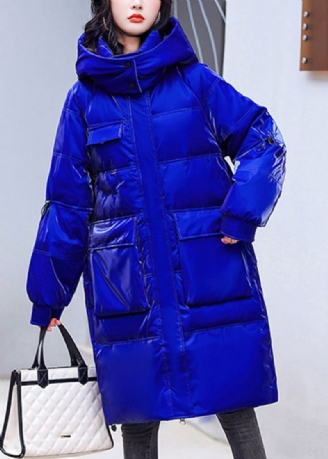 Parka À Capuche Brillante En Polaire Chaude Avec Poches Zippées Bleues De Grande Taille À Manches Longues