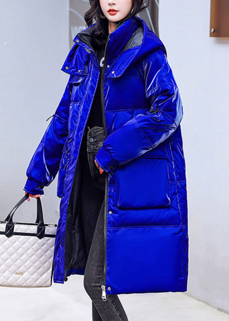 Parka À Capuche Brillante En Polaire Chaude Avec Poches Zippées Bleues De Grande Taille À Manches Longues - Bleu