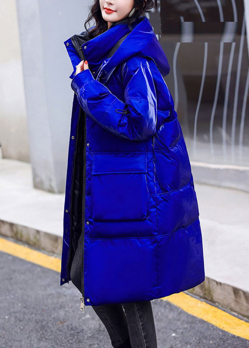 Parka À Capuche Brillante En Polaire Chaude Avec Poches Zippées Bleues De Grande Taille À Manches Longues - Bleu