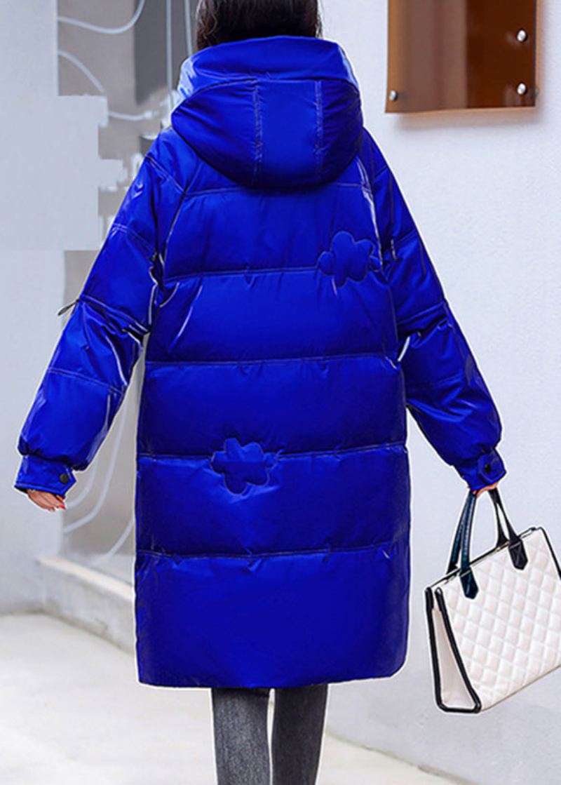 Parka À Capuche Brillante En Polaire Chaude Avec Poches Zippées Bleues De Grande Taille À Manches Longues - Bleu