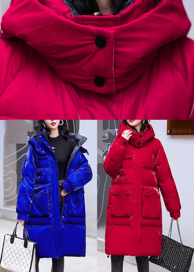 Parka À Capuche Brillante En Polaire Chaude Avec Poches Zippées Bleues De Grande Taille À Manches Longues - Bleu