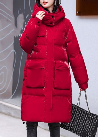 Parka À Capuche Épais Et Brillant Col Montant Rouge Bouton Hiver