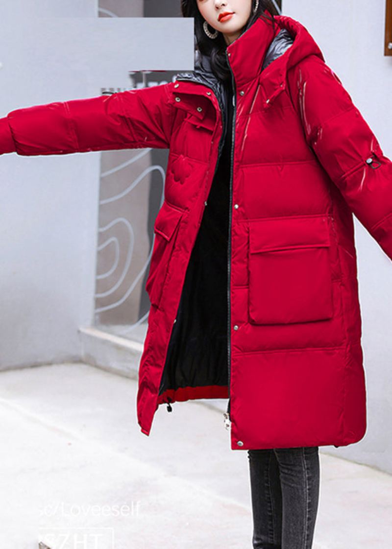 Parka À Capuche Épais Et Brillant Col Montant Rouge Bouton Hiver - Rouge