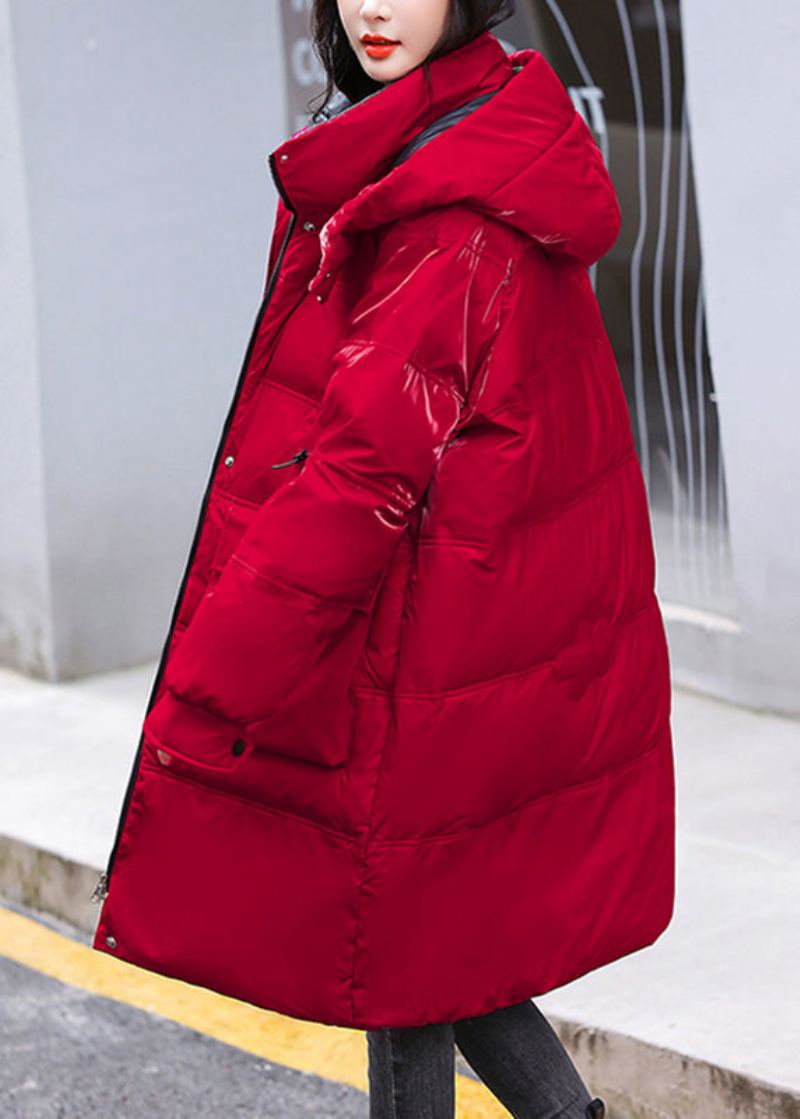 Parka À Capuche Épais Et Brillant Col Montant Rouge Bouton Hiver - Rouge