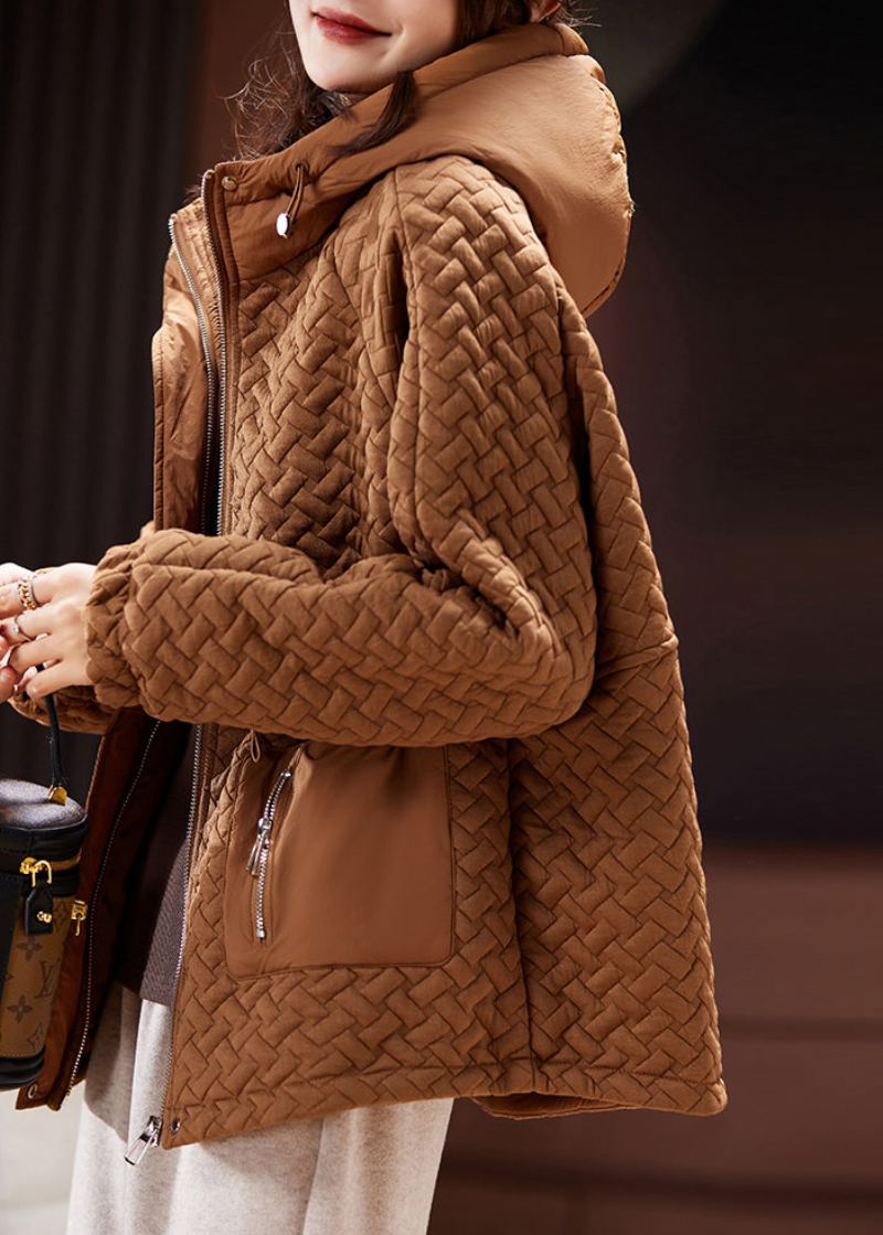 Parka À Capuche Marron Avec Fermeture Éclair Et Manches Longues En Coton De Grande Taille - Doudounes femmes