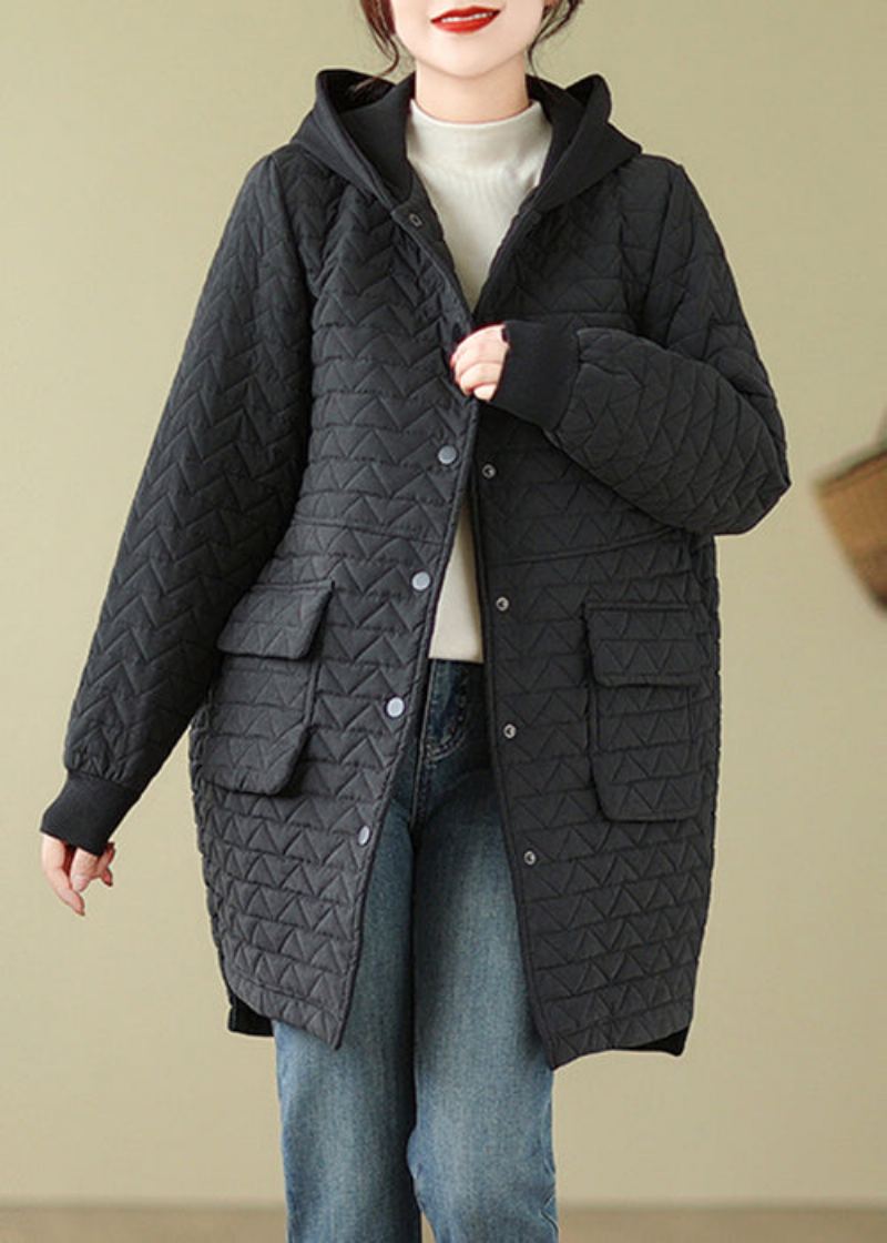 Parka À Capuche Noire En Patchwork De Coton Avec Boutons D'automne - Doudounes femmes