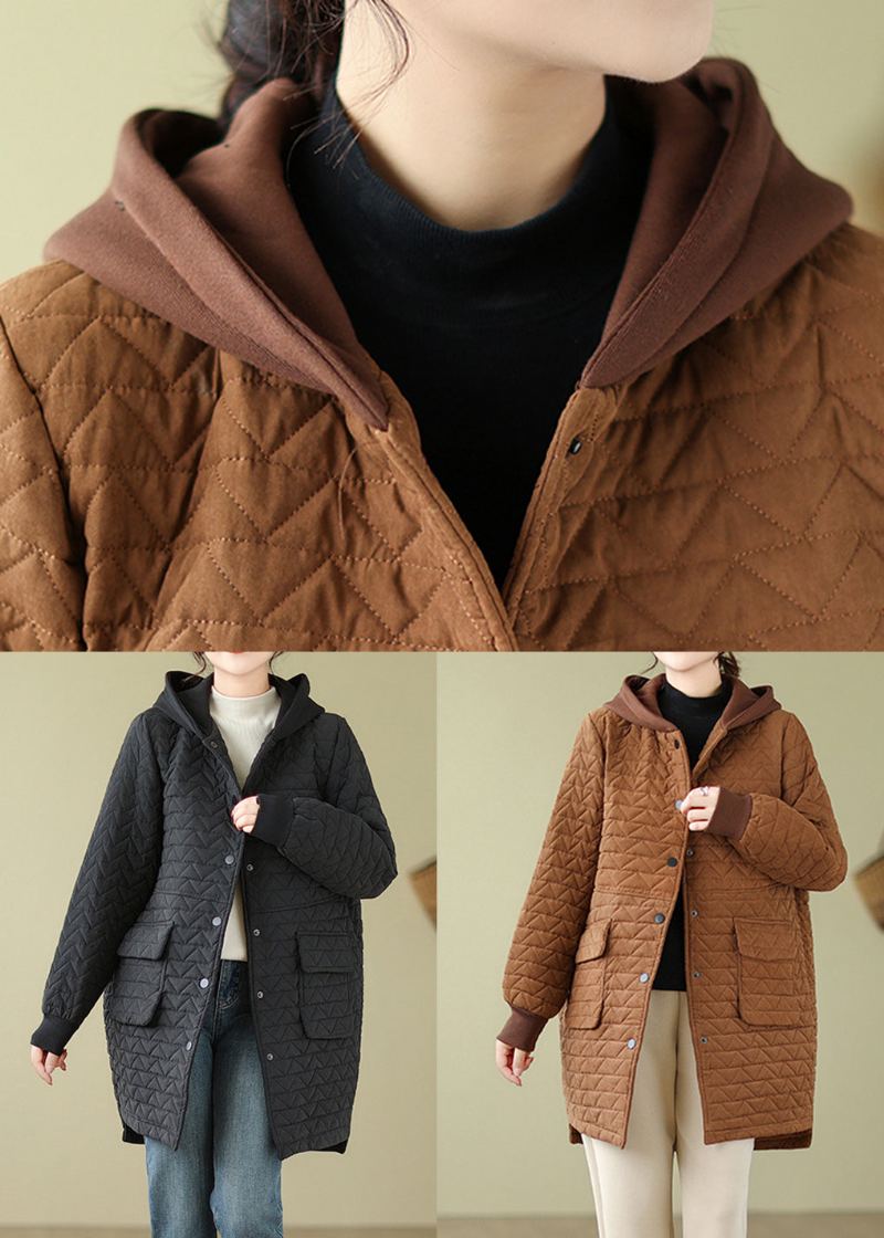 Parka À Capuche Noire En Patchwork De Coton Avec Boutons D'automne - Doudounes femmes