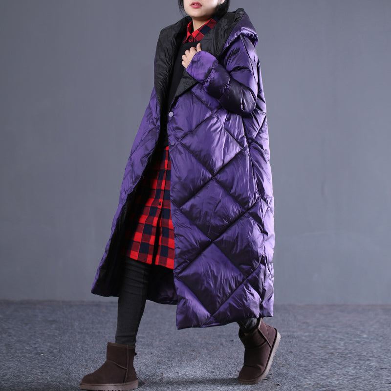 Parka À Capuche Oversize D'hiver Violet Fin Poches De Luxe Pardessus En Coton Zippé