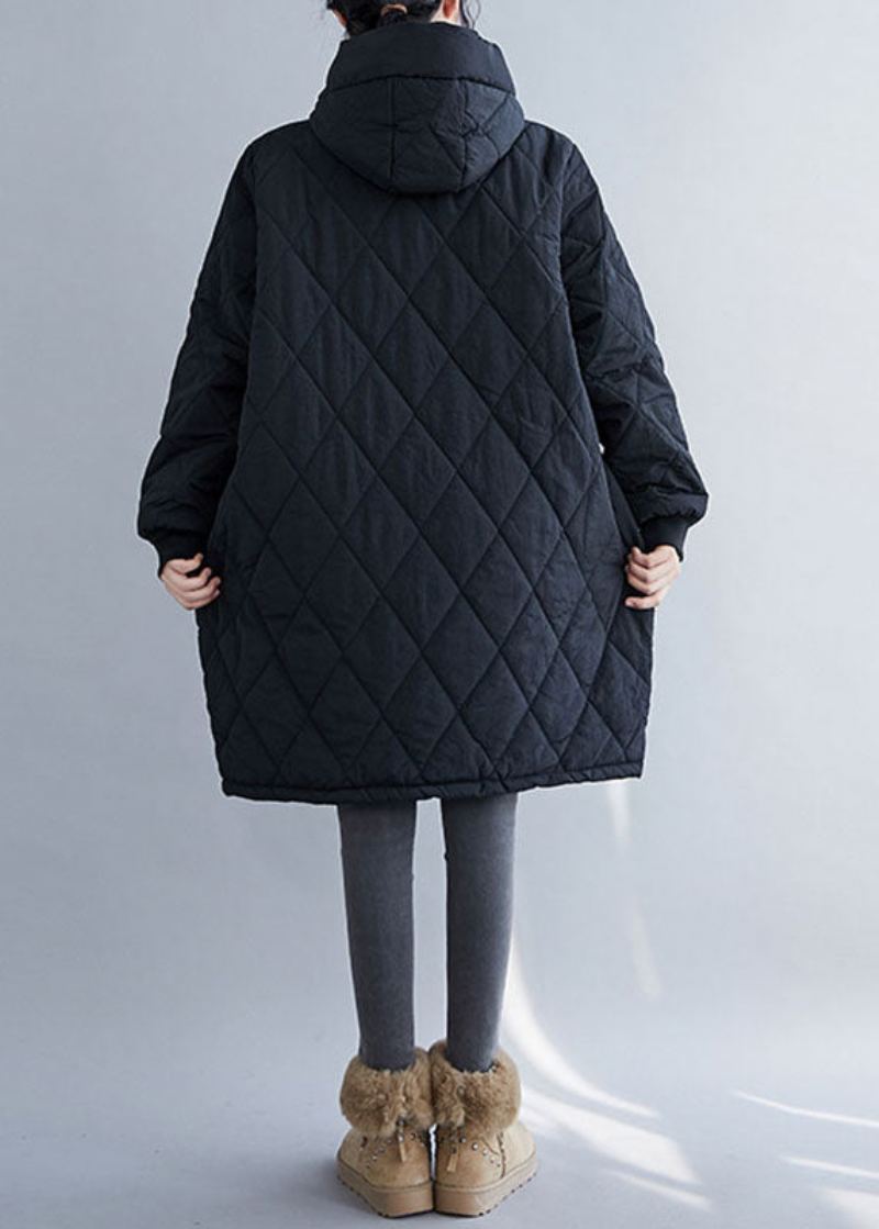 Parka À Capuche En Patchwork À Carreaux Noirs Faits À La Main - Noir