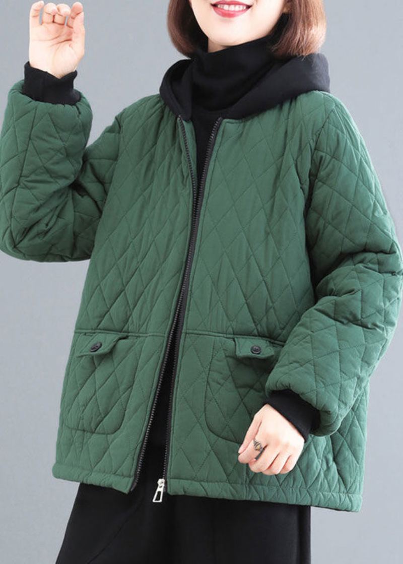 Parka À Capuche En Patchwork Vert Noirâtre Avec Poches En Coton Fin Pour L'hiver