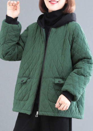 Parka À Capuche En Patchwork Vert Noirâtre Avec Poches En Coton Fin Pour L'hiver