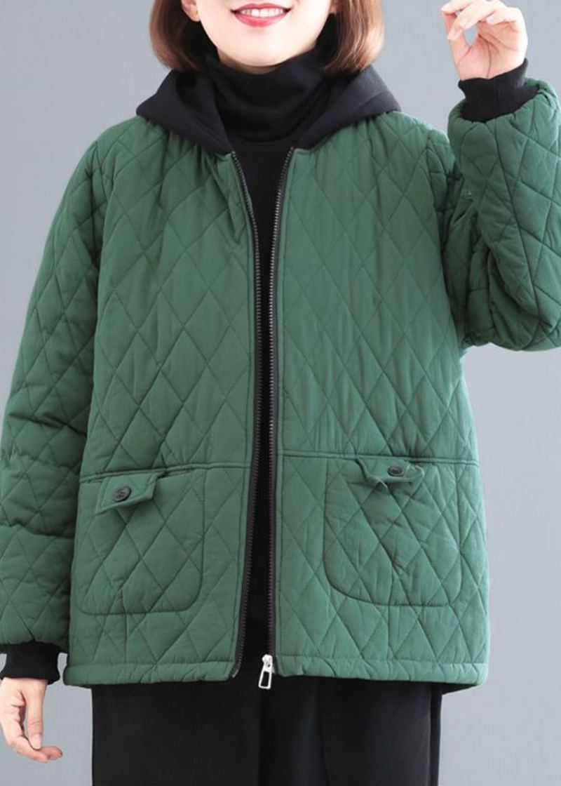 Parka À Capuche En Patchwork Vert Noirâtre Avec Poches En Coton Fin Pour L'hiver - Doudounes femmes