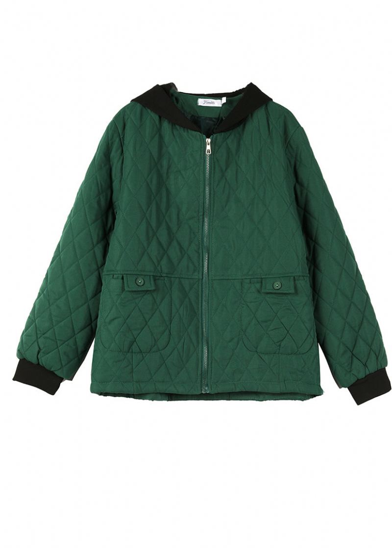 Parka À Capuche En Patchwork Vert Noirâtre Avec Poches En Coton Fin Pour L'hiver - Doudounes femmes