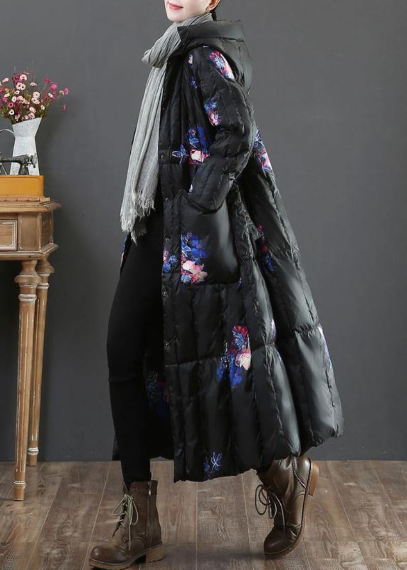 Parka Chaude Grande Taille Pour Femme Manteau En Duvet D'oie Imprimé Noir Avec Poches À Capuche - Doudounes femmes