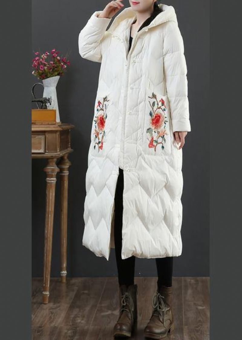 Parka Chaude Grande Taille Pour Femme Vêtements D'extérieur D'hiver Manteau En Duvet De Canard À Capuche Beige Brodé - Rouge