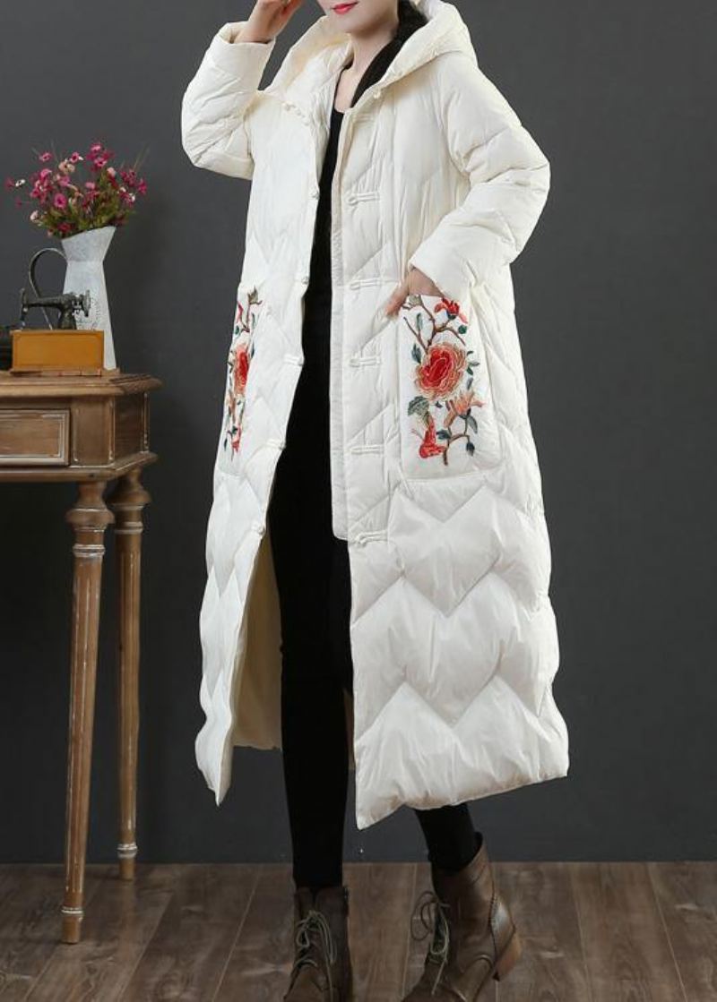 Parka Chaude Grande Taille Pour Femme Vêtements D'extérieur D'hiver Manteau En Duvet De Canard À Capuche Beige Brodé - Rouge